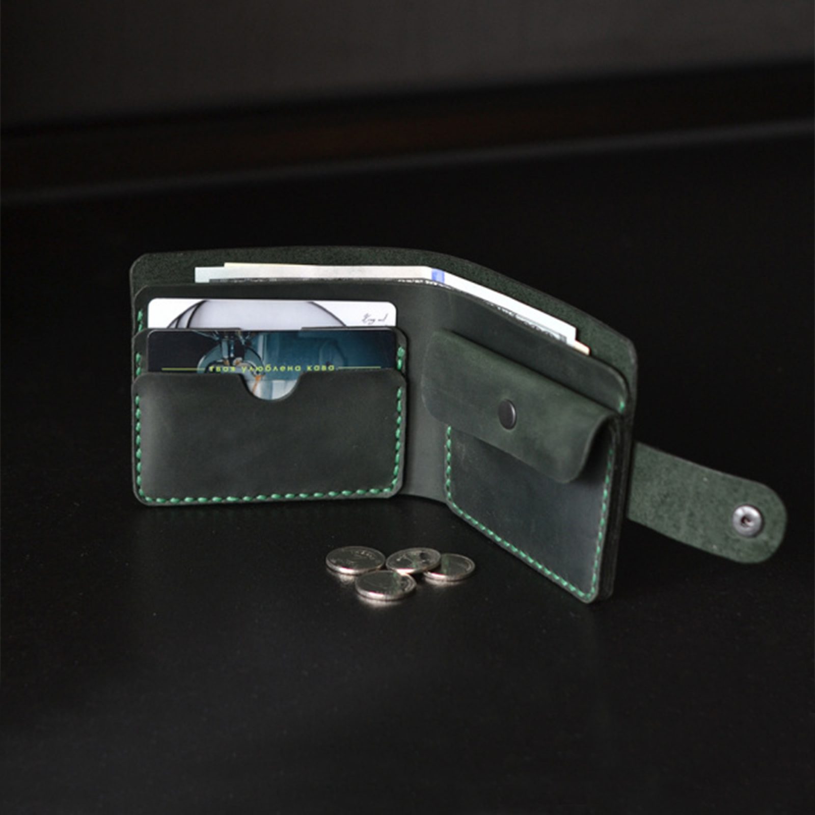 Green Leather Card Case with ID Window - LUNIKO NET