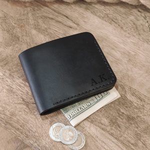 Personalized men's billfold leather wallet with engraving name, initials, logo any text and picture Handmade black leather wallet for men