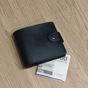 Personalized wallet for him with clasp with engraving handmade from black leather with pocket for bill, for 3 cards, with coin pocket