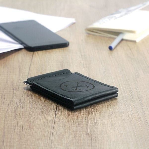 Black handmade leather wallet with money clip by Luniko