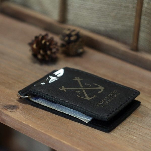 Black handmade leather wallet with money clip by Luniko