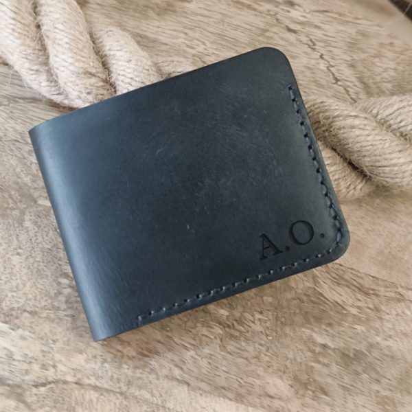 Personalized men's billfold leather wallet with engraving name, initials, logo any text and picture Handmade black leather wallet for men