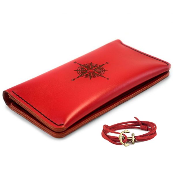 Czerwony skórzany damski portfel portmonetka ręcznie robiony z naturalnej skóry + Bransoletka GRATIS