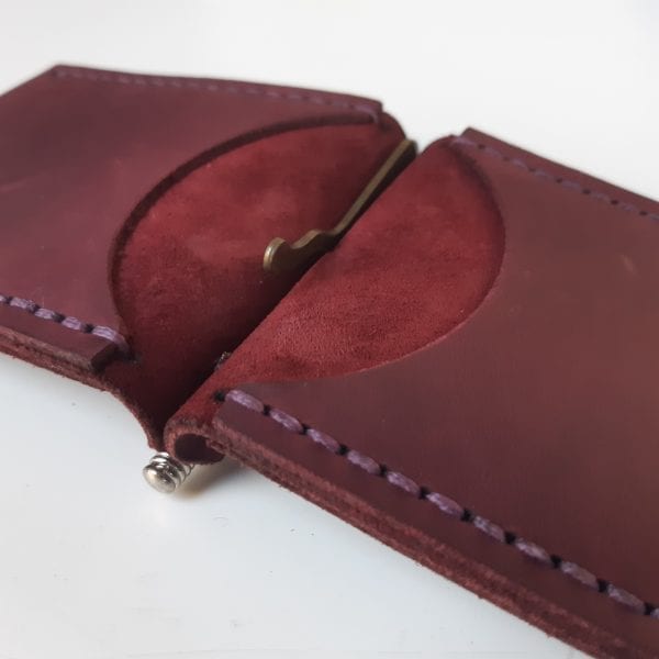 Burgundy handmade leather wallet with money clip by Luniko