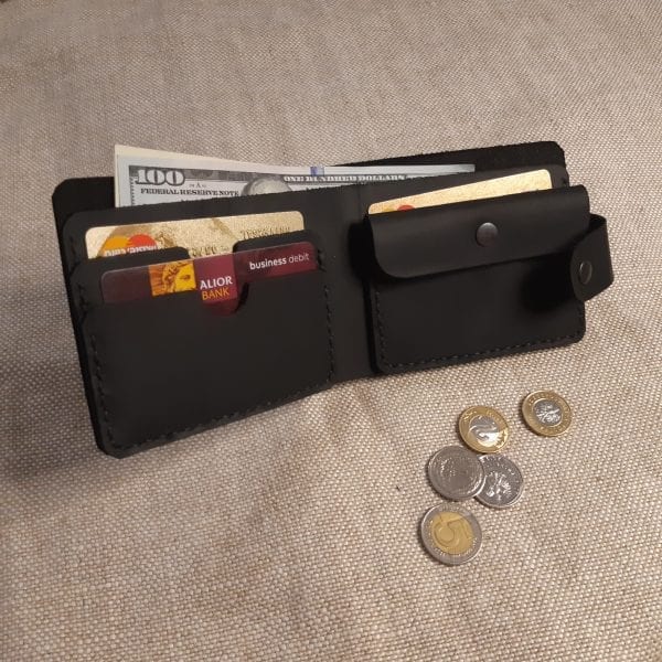 Universal black handmade leather wallet with a clasp and coin pocket by Luniko