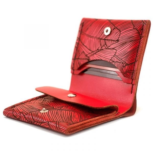 Red women's handmade leather wallet by Luniko. Maritime Series