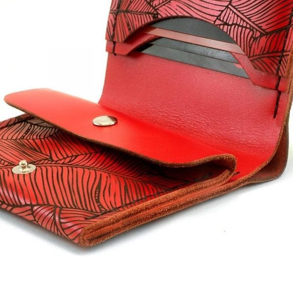 Red women's handmade leather wallet by Luniko. Maritime Series