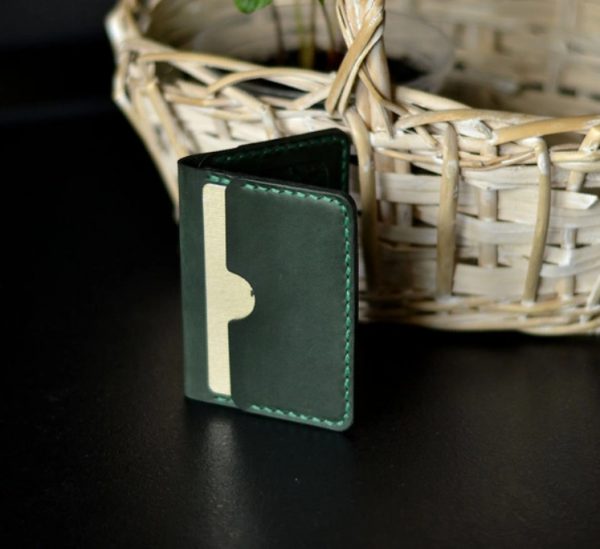 Green Leather Card Case with ID Window. Custom Leather Handmade Plastic Card Holder