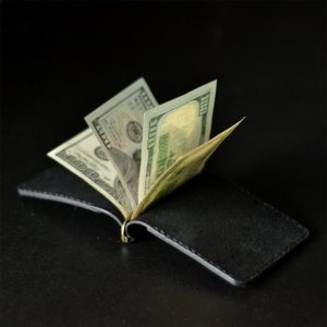 Custom money clip wallet for man handmade from black genuine leather with two pocket for credit cards. Father's day gift