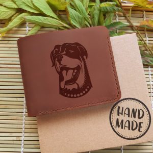 Engraved wallet with dog Brązowy skórzany męski portfel z psem ręcznie robiony z grawerem Rottweiler Prezent dla miłośnika psów, dla psiarza lub dla właściciela psa