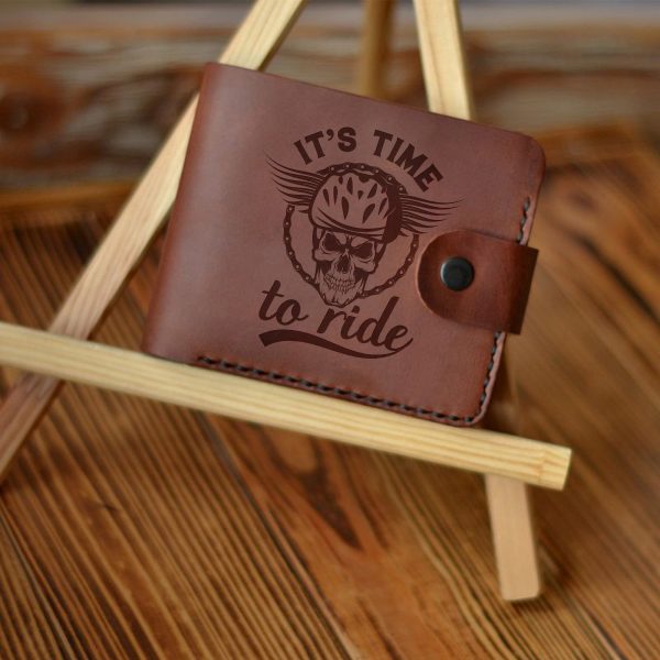 Leather men’s brown handmade wallet with engraving Skull "It's time to ride" Stylish Gift For Biker Motorcycle Gifts Gift For Motorbike Lovers