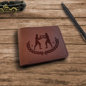 Brązowy męski skórzany portfel ręcznie robiony z grawerem "Boks" Prezent dla Boksera, Fana Boksu