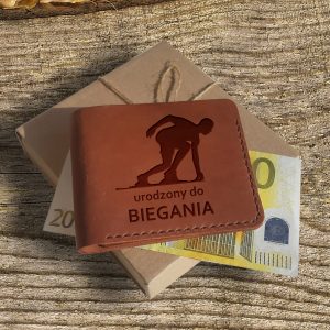Brązowy skórzany męski portfel ręcznie robiony z grawerem "Urodzony do biegania" Prezent urodzinowy dla biegacza