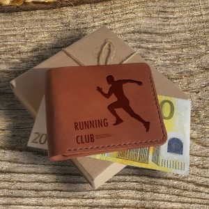 Brązowy skórzany męski portfel ręcznie robiony z grawerem "Biegacz" Prezent dla biegacza Running CLub