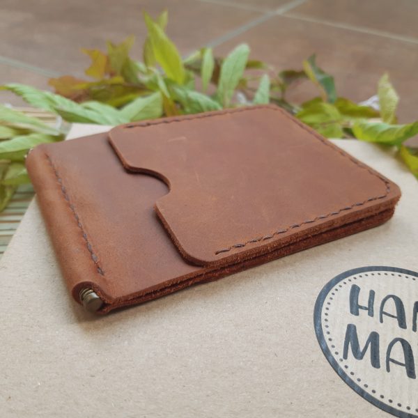 Mens wallet with money clip handmade from brown genuine leather with four  pocket for credit cards. Unique gift for men.