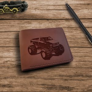 Off road fan gift Handmade brown leather wallet with car engraving 