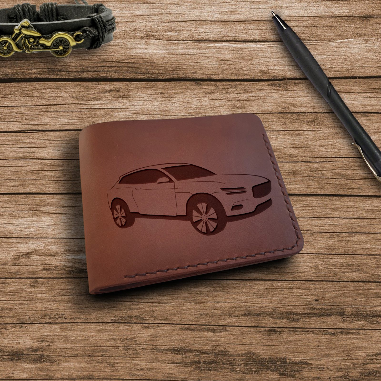 Der braune, universale Geldbeutel mit einer Tasche für Münzen Geldbörse mit  Lasergravur Geschenke für Autofans Geschenke für Autoliebhaber Geschenke