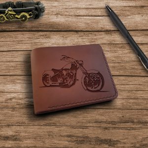 Portfel z Motocyklem Brązowy skórzany męski portfel ręcznie robiony - Prezent dla motocyklisty