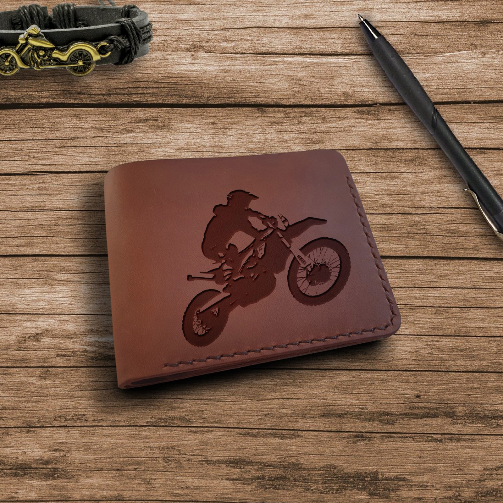 handmade leather browm wallet with racing motocycle