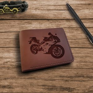 Portfel z Motocyklem Motobike Brązowy skórzany męski portfel ręcznie robiony Prezent dla motocyklisty