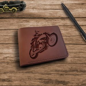 Brązowy skórzany męski portfel ręcznie szyty z grawerem "Motocykl Vintage" Oryginalny Prezent dla Motocyklisty