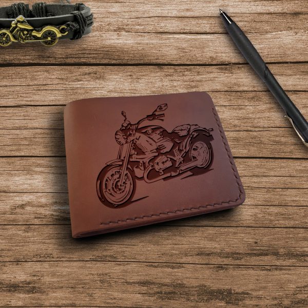 Portfel z rysunkiem motocykla Brązowy skórzany męski portfel ręcznie robiony z grawerem "Motorcycle Motorbike" Portfel na prezent dla motocyklisty