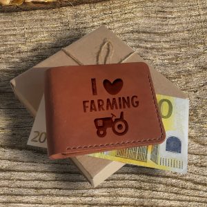 Brązowy skórzany męski portfel ręcznie robiony z grawerem "I love farming" Prezent dla rolnika Prezent dla traktorzysty