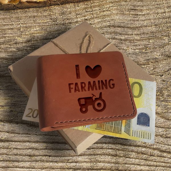 Brązowy skórzany męski portfel ręcznie robiony z grawerem "I love farming" Prezent dla rolnika Prezent dla traktorzysty