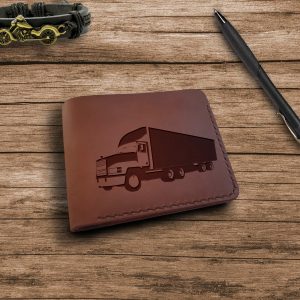 Portfel męski skórzany brązowy ręcznie robiony z grawerem "Ciężarówka TIR" Prezent dla tirowca Prezent dla kierowcy ciężarówki Prezent dla kierowcy tira