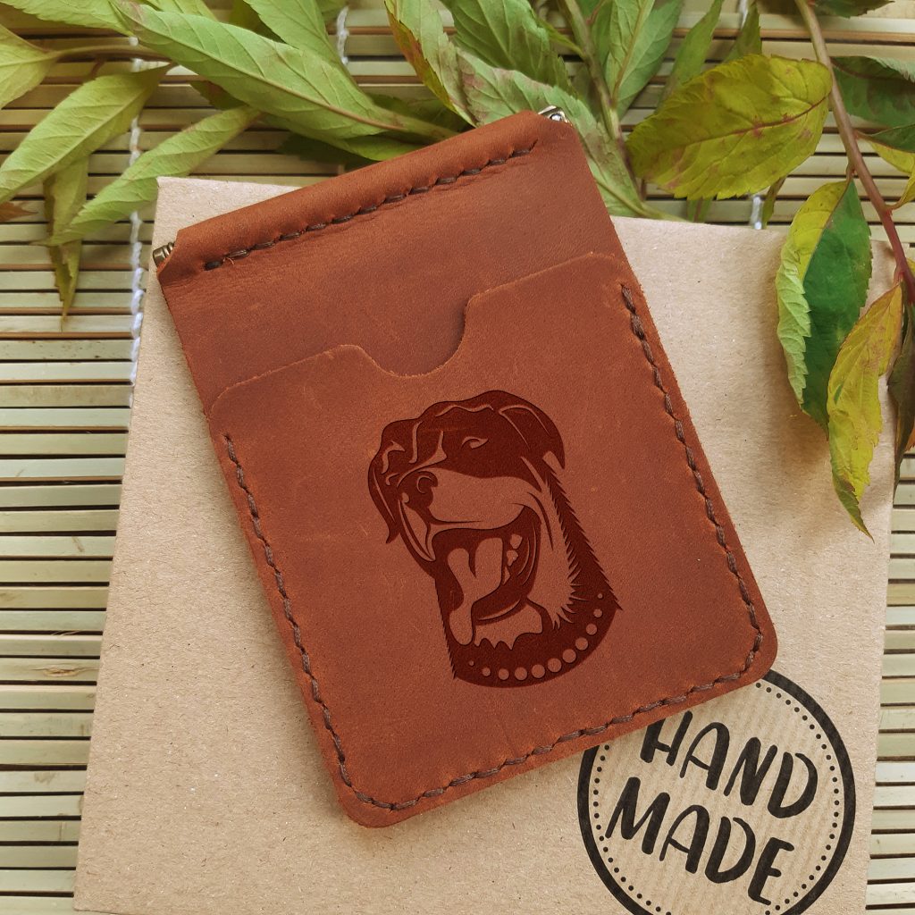 Gifts for Dog Lovers 12 Leather handmade wallet with clip for banknotes and pockets for credit cards. Laser engraving Rottweiler Dog