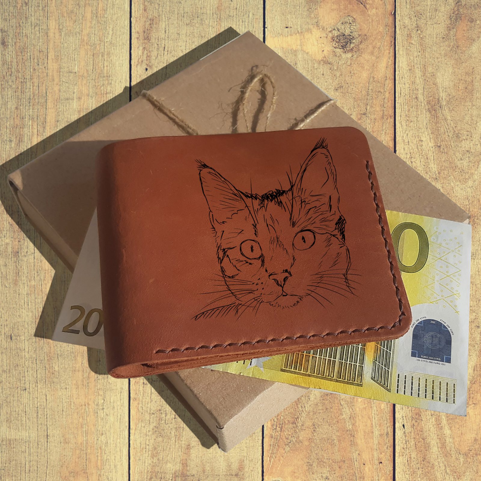 handmade leather wallet engraving cat
