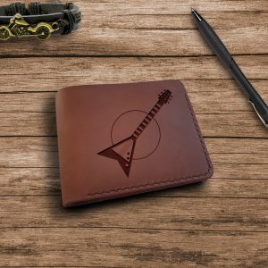 Guitar player gift. Guitar gift. Presents for guitar players. Personalized custom leather mens wallet with electric guitar engraving handmade from brown leather 