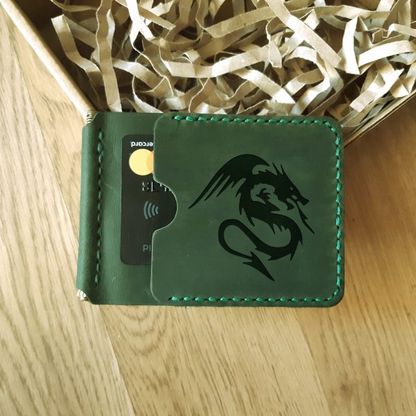 Anniversary Gift for Him engraved Wallet with money clip. Natural leather handmade slim wallet, dark green