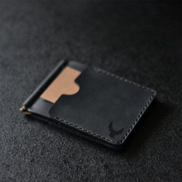 Skórzany męski portfel z klipsem na banknoty. Czarna ręcznie robiona banknotówka, skóra naturalna od Luniko