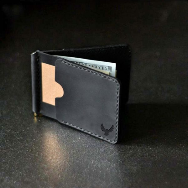 Skórzany męski portfel z klipsem na banknoty. Czarna ręcznie robiona banknotówka, skóra naturalna