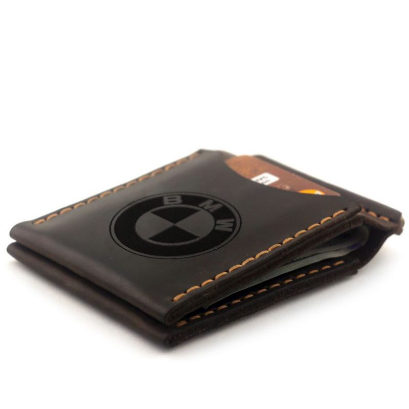 Genuine Leather Metal Money Spring Clip Horizontal Bifold Wallet Id Holder