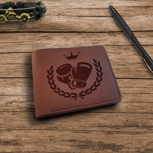 Brązowy skórzany męski portfel dla Boksera oraz Fana Boksu ręcznie robiony z grawerem "Rękawice Bokserskie"