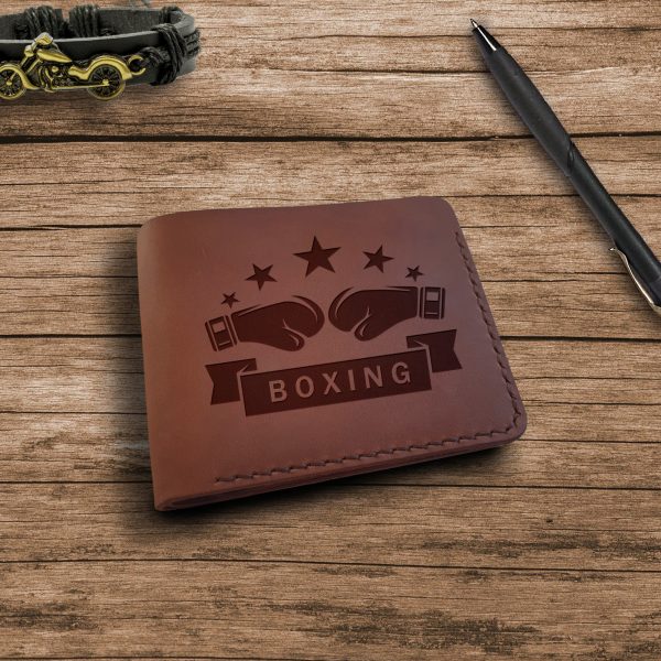 Brązowy skórzany męski portfel ręcznie robiony z grawerem "Boxing" Prezent dla Boksera, Fana Boksu