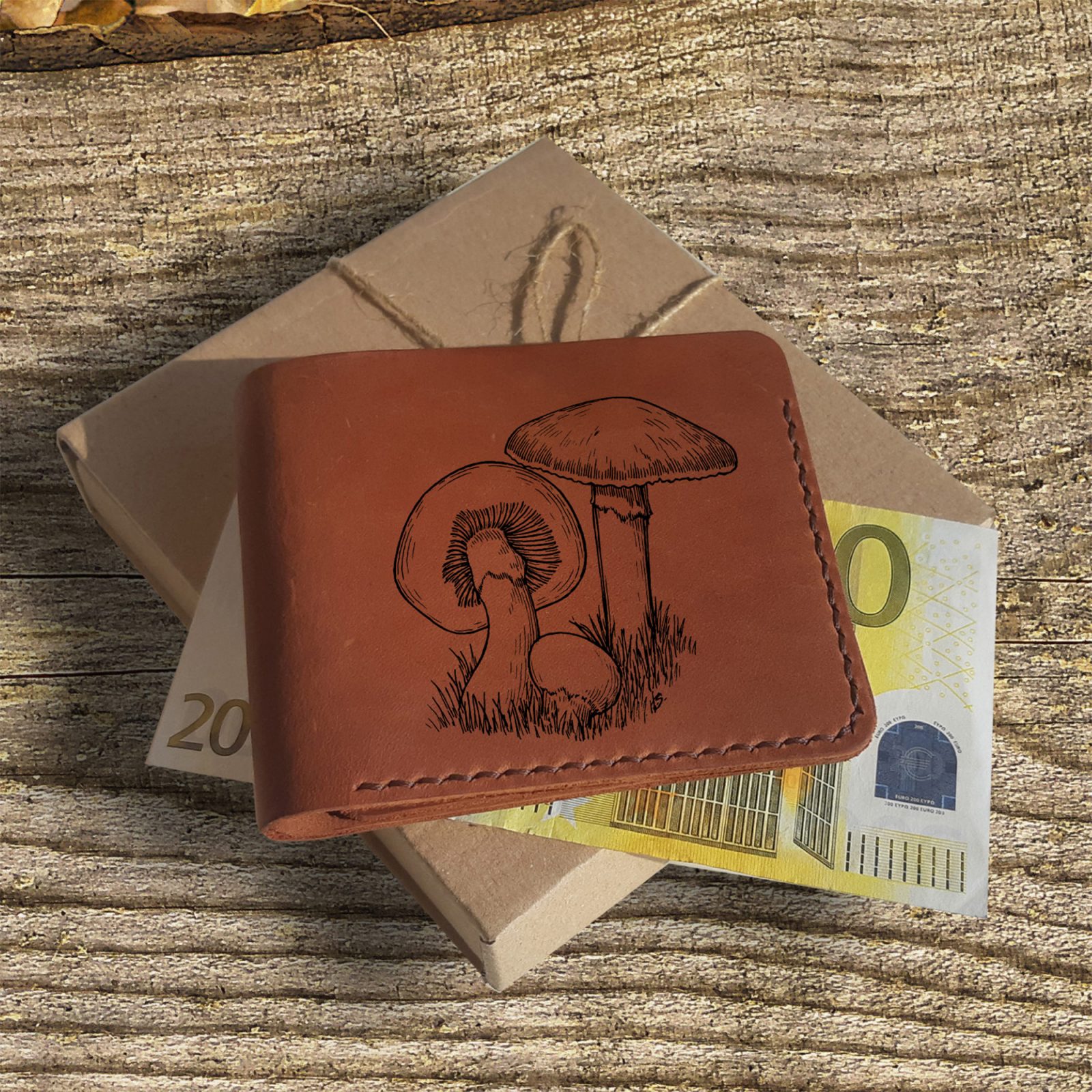 Handgemachte Brieftasche aus Leder mit Gravur Pilze Personalisierte  Geschenke für Männer