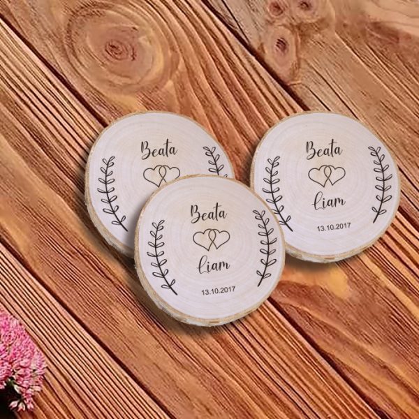 Custom Names - Date Engraved Natural Wood 4 Coasters Set. Wedding or Anniversary or Housewarming Gift