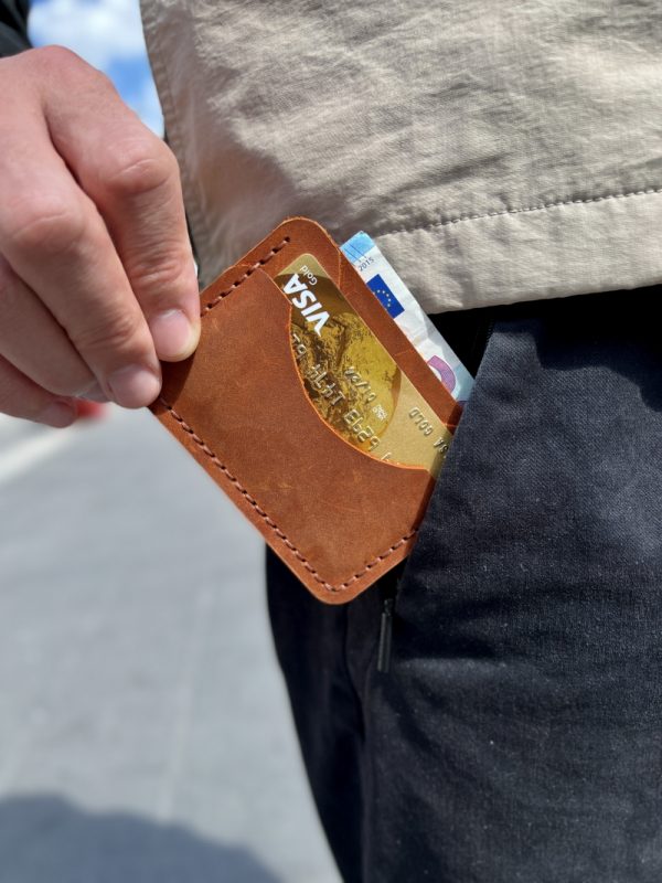 Minimalist brown handmade slim leather wallet. Personalized card holder