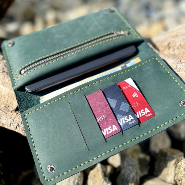 Duży pojemny skórzany zielony portfel portmonetka Wallet personalized for phone