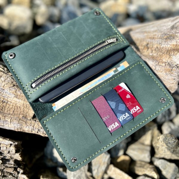 purse green leather handnade wallet with personalization Pionowy duży skórzany portfel dedykacja