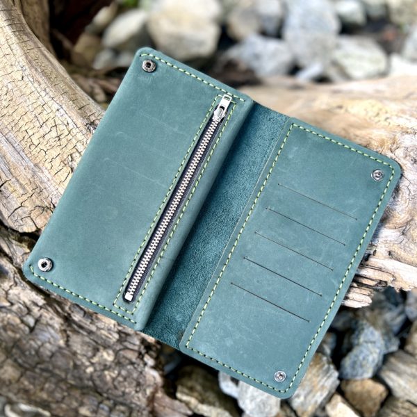 purse green leather handnade wallet with personalization Pionowy duży skórzany portfel pojemny