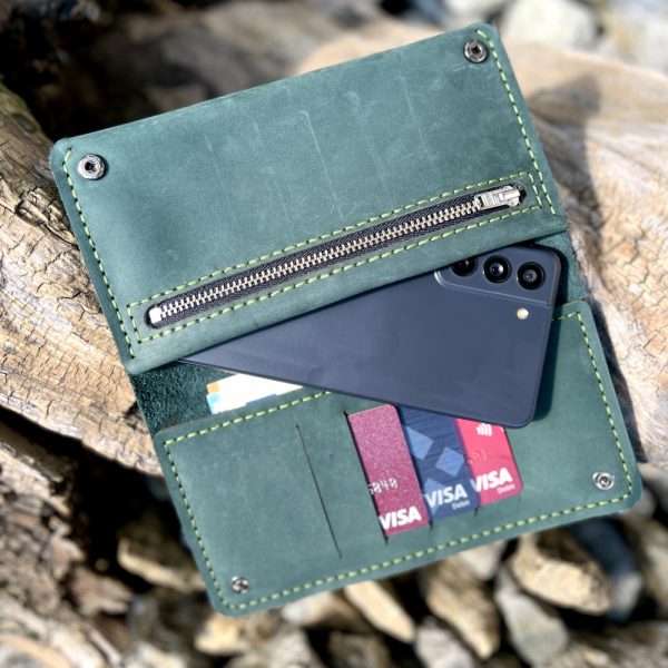 purse green leather handnade wallet with personalization Pionowy duży skórzany portfel