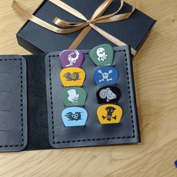 Leather Guitar Pick Holder for 16 Picks Personalized with Engraving of the Band’s Logo, Musician’s Name or a Concert Photo etc.