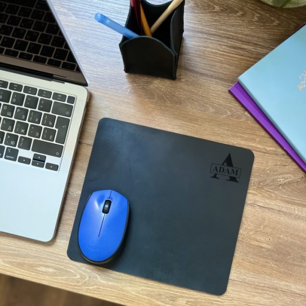 Personalized computer mouse pad handmade from high quality black leather with engraved name, initials, logo, any text or image Alternate mousepad