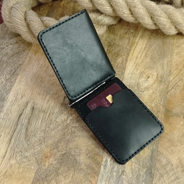 Wallet with money clip and coin pocket and two pocket for credit cards Personalized wallet with engraving inicial, name handmade from genuine black leather