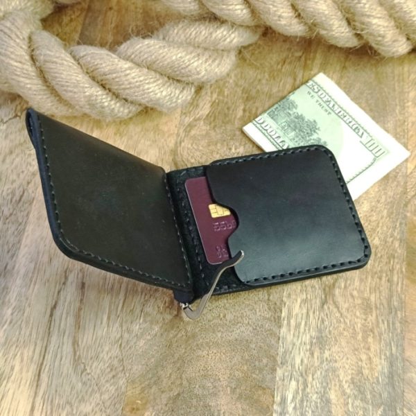 Wallet with money clip and coin pocket and two pocket for credit cards Personalized wallet with engraving inicial, name handmade from genuine black leather