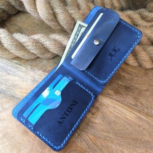 Персонализированный кошелек унисекс бифолд с гравировкой ручной работы из натуральной синей кожи с карманом для монет